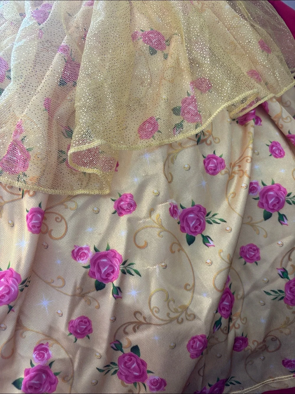 Disney Yellow Belle Dress with Pink Rose Details 4/5